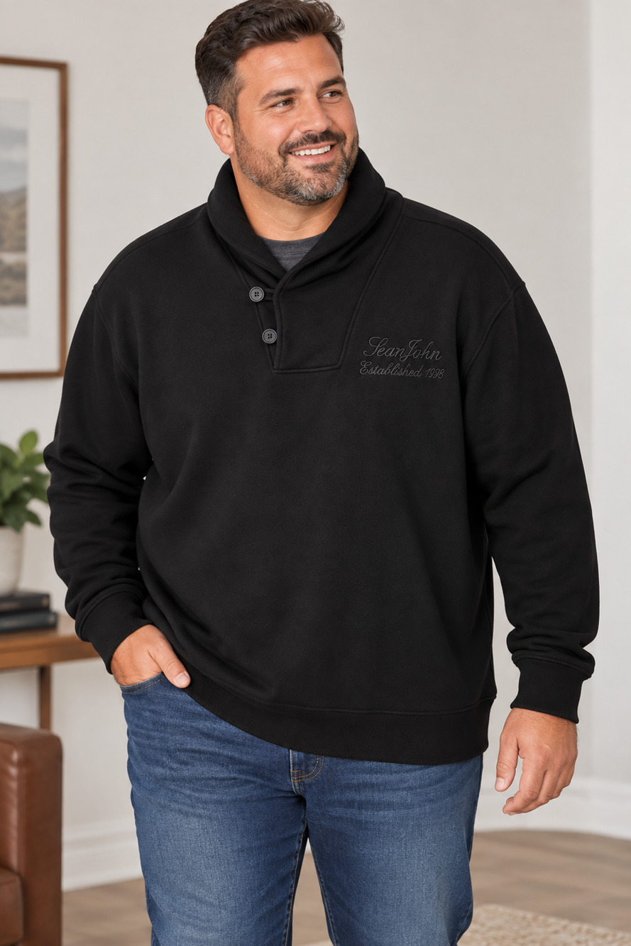 Sean John 3XL Black Shawl Collar Pullover Sweatshirt Y2K Embroidered 3X Preppy